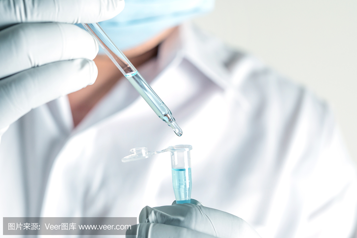 靠近科学家在实验室工作分析提取的DNA分子在微管,临床或科学测试分析概念